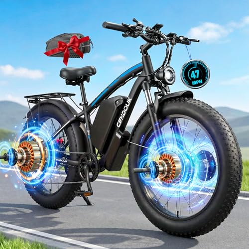 Peak 9000W Dual Motor Ebike Max 47MPH Electric Bike for Adults 52V 34AH Battery 105 Miles Range 24 Inch Fat Tire Fast Electric Bicycles for Snow Off-Road Commuter Mountain E Bike (9000W Black blue)